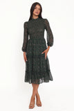 Edwina Shirred Frill Long Sleeve Midi Dress Olive Floral