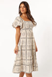 Soliel Puff Sleeve Midi Dress Beige Black