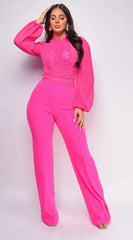 Nerine Crochet Lace Mesh Jumpsuit Ultra Pink