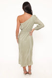 Pontee One Shoulder Pleated Midi Dress Sage Green