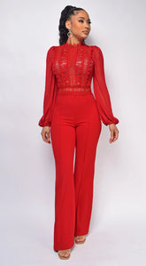 Nerine Crochet Lace Mesh Jumpsuit Red