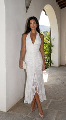 Amalfia Embroidered Halter Maxi Dress White