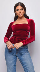Adora Velvet Square Neck Long Sleeve Top Burgundy