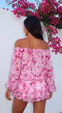 Romanella Peony Floral Off Shoulder Mini Dress Pink