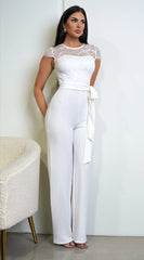 Lorissa Lace Detail Cap Sleeve Jumpsuit White