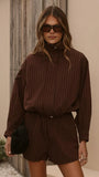 Ivana Funnel Neck Jacket Shorts Set Brown Pinstripe