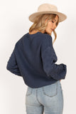 Katrina Textured Sleeve Crewneck Knit Sweater Midnight Blue