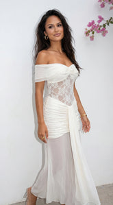 Elarisse Lace Mesh Maxi Dress Cream White