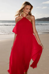 Gia Pleated Halterneck Maxi Dress Red