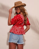 Kinslee Plunging Neckline Paisley Bandana Print Peplum Top