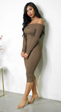 Sonja Off Shoulder Long Sleeve Ribbed Midi Dress Brown