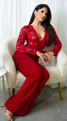 Milani Long Sleeve Lace Crochet Jumpsuit Red