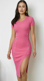 Keyara Button Detail Ribbed Slit Midi Dress Pink
