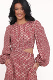 Ginnee Puff Sleeve Cutout Midi Dress Brown Geo
