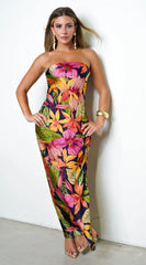 Muse Tropical Print Satin Strapless Maxi Dress Multi Black