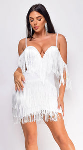 Julie Fringe Off The Shoulder Bandage Dress White