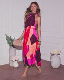 Cheyenne Abstract Pleated Halter Midi Dress