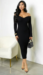 Lio Off Shoulder Ribbed Midi Dress Black