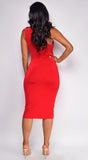 Nat One Shoulder Front Knot Midi Dress Red