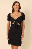 Rosie Shirred Tie Front Mini Dress Black