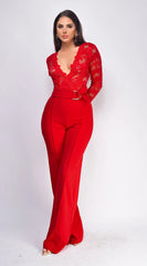 Milani Long Sleeve Lace Crochet Jumpsuit Red