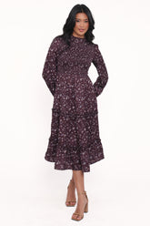 Edwina Shirred Frill Long Sleeve Midi Dress Plum Floral