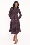 Edwina Shirred Frill Long Sleeve Midi Dress Plum Floral