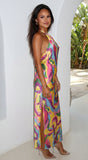 Joviana Abstract Halter Satin Maxi Dress Yellow Multi