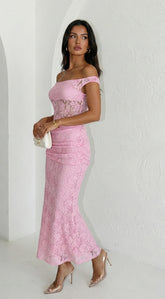 Roselune Lace Off Shoulder Dress Pink