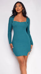 Arsenie Long Sleeve Sweater Ribbed Side Slit Mini Dress Green
