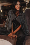 Elaina Crystal Studded Moto Jacket Black