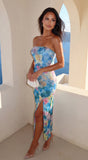 Aquarella Floral Strapless Tube Midi Dress Blue Multi