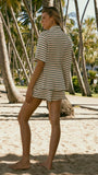 Lacole Button Up Shirt and Shorts Set Beige Green Stripe