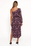 Pontee One Shoulder Pleated Midi Dress Black Purple