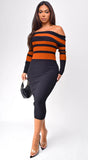 Robyn Stripe Ribbed Off Shoulder Midi Dress Black