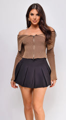 Moxie Off Shoulder Zip Up Sweater Top Brown