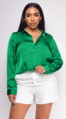 Braylee Satin Button Down Blouse Top Kelly Green