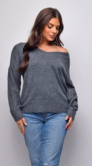 Remy V Neck Drop Shoulder Sweater Top Gray