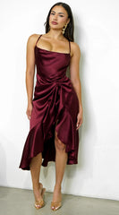 Sorrente Satin Twist Front Midi Dress Burgundy