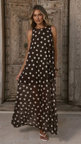 Amryn Maxi Dress Choc White Polka Dot