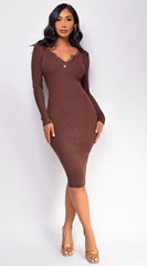Aura Button Ribbed Midi Dress Brown