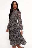 Edwina Shirred Frill Long Sleeve Midi Dress Black Floral