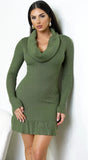 Velmira Cowl Neck Ribbed Mini Dress Green