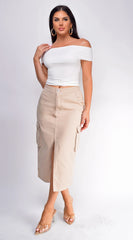 Sydney Denim Cargo Midi Skirt Beige