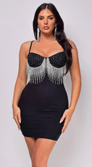 Electra Black Rhinestone Fringe Mini Dress