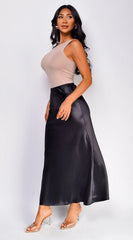 Ophelia Satin Slip Midi Skirt Black