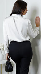 Mariah Neck Tie Satin Button Down Shirring Blouse Off White