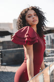 Cally Ruffle Sleeve Midi Dress Wine