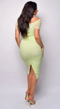 Oliviana Light Green Mesh Off Shoulder Midi Dress