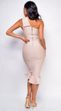 Luna Asymmetric Ruffle Bottom Bandage Dress Beige